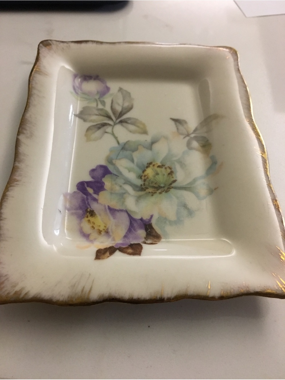 Vintage Floral Porcelain Trinket Dish with Gold Trim